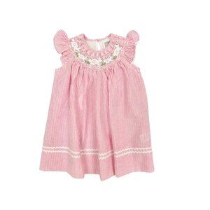 Lil Cactus Pink Smocked Seersucker Bishop Dress with Bunny Embroidery | 12-18M